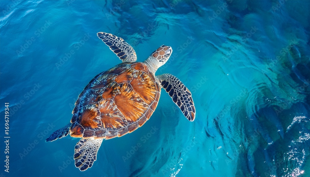 Fototapeta premium aerial view of sea turtle swimming on blue ocean