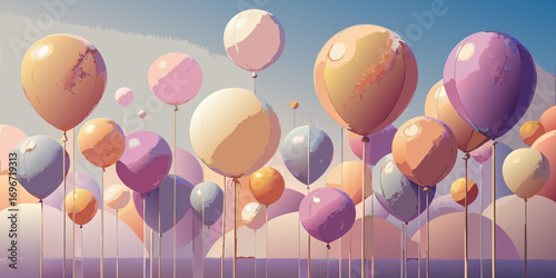 Colorful, fun, helium balloons floating in a bright blue sky for a happy birthday celebration