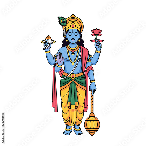Colorful illustration of Vishnu, Hindu deity, with multiple arms and sacred objects.