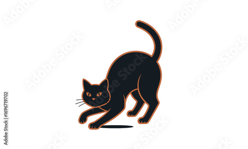 Stylized black cat with an arched back and a thin reddish outline in a playful, stretching pose.