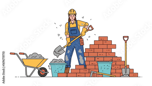 Construction Worker at Work: An illustration of a skilled construction worker confidently at the construction site. showing her expertise and dedication to her craft.