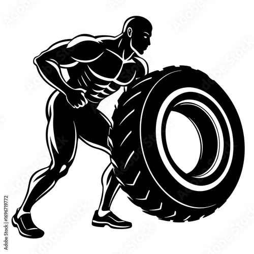 silhouette of a strongman flipping a large tire