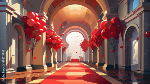 Inside a red city tunnel with ancient columns and ornate arches