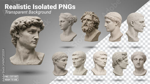 Collection of 10 famous statues. Stuccos for Landscape. Transparent PNG files ready to be used.