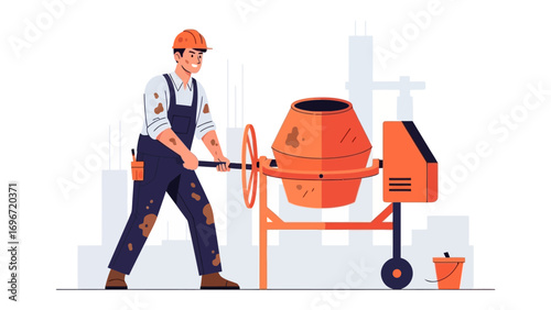 Construction worker with concrete mixer : A construction worker meticulously operates a concrete mixer, hard at work on a building site, representing industry, progress, and the building process.