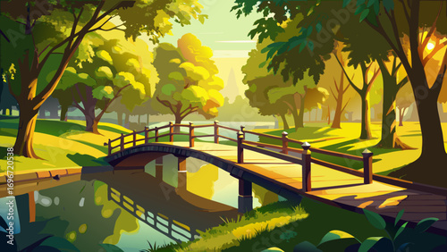 Autumnal trees with golden leaves are reflected in the calm blue water of a park lake