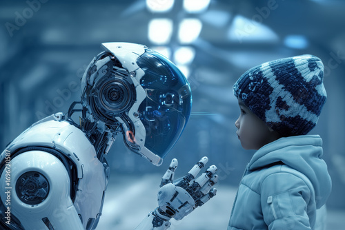 Android humanoid robot talking to a child. Concept of human - AI artificial intelligence technology interaction. 