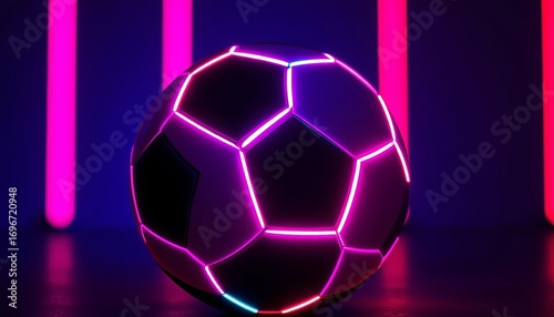 Neon-lit soccer ball glows vibrantly in dark studio,  luminescence,  design