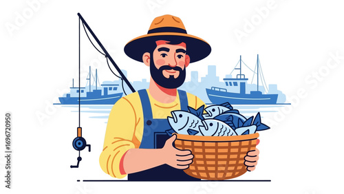 Harvest of the Sea: A seasoned fisherman, brimmed hat casting a proud gaze, cradles a woven basket overflowing with freshly caught fish, against a backdrop of ocean and the faint silhouette of ships.