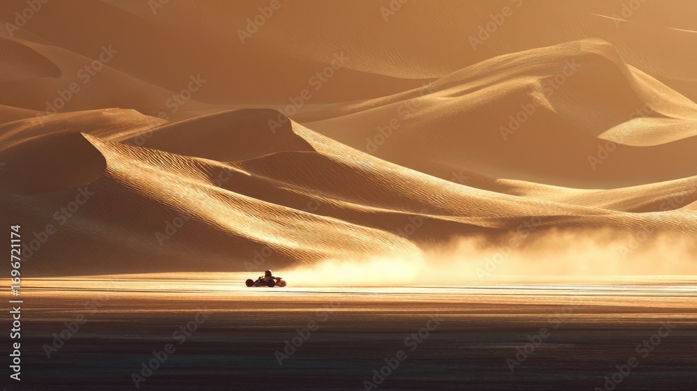 Fototapeta premium Peaceful sunset desert ride. Artificial intelligence image