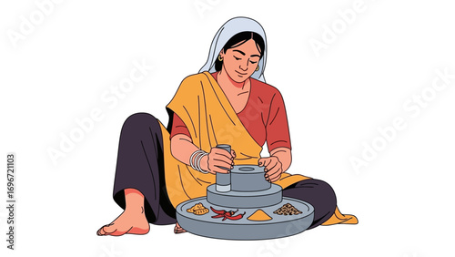 Woman grinding spices: An Illustration capturing a traditional woman preparing spices with a vintage grinder, evoking the essence of culinary heritage.