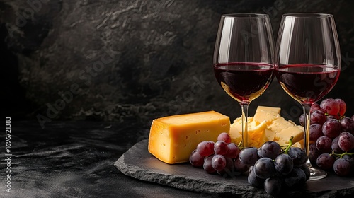 Red wine cheese grapes on dark slate background