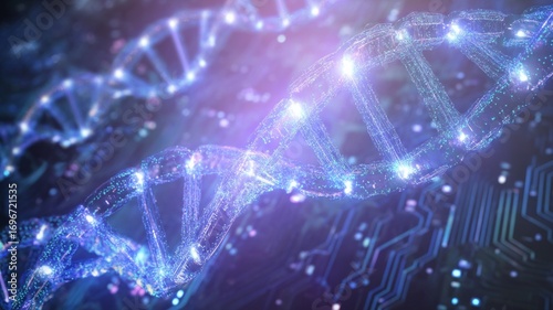 Glowing dna helix in digital cosmos. Artificial intelligence image