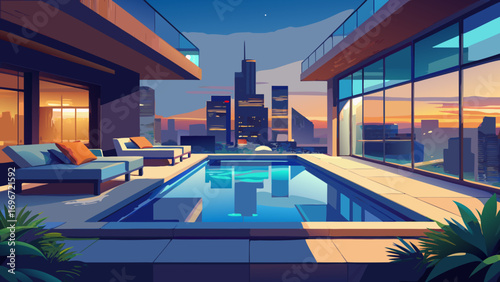 Luxury swimming pool at a high-rise hotel building with a stunning night view of the modern