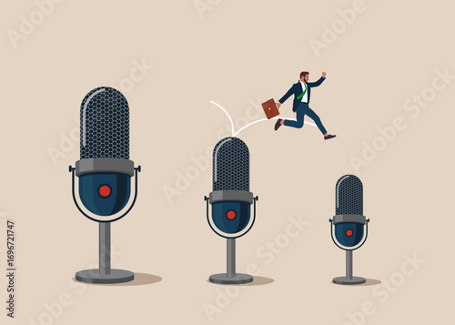 Businessman jumping from big to the small studio microphone for streaming and gaming. Interviews are journalist of internet news and radio stations. Press Conference Idea, Interviews, latest news. 