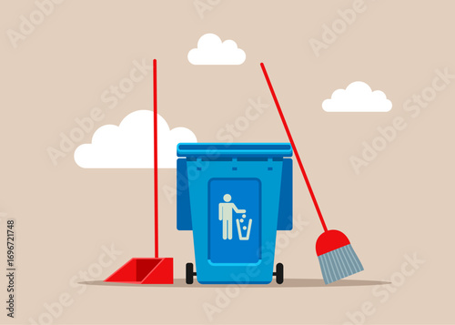 Cleaning equipment broom, scoop and trash can. Flat vector illustration
