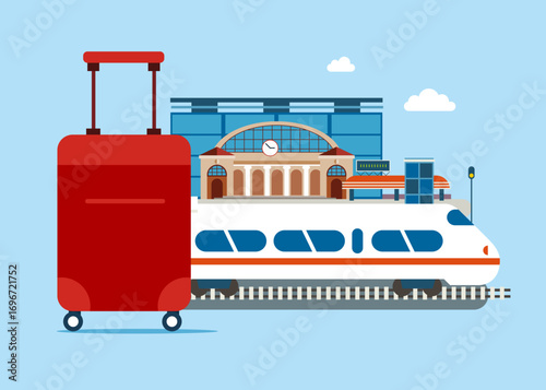 Travel suitcase with wheel against the backdrop of the railway station. Traveler, vacations, adventures, tourism and tourist. Flat vector illustration