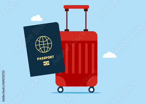 Travel suitcase with wheel and passport. Traveler, vacations, adventures, tourism and tourist. Flat vector illustration