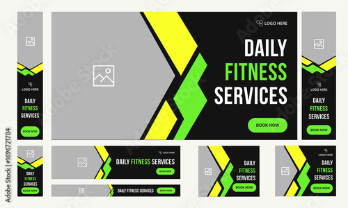 Trendy body fitness services web bundle banner design for social media post, daily exercise methods web set banner design, fully customizable vector eps 10 file format