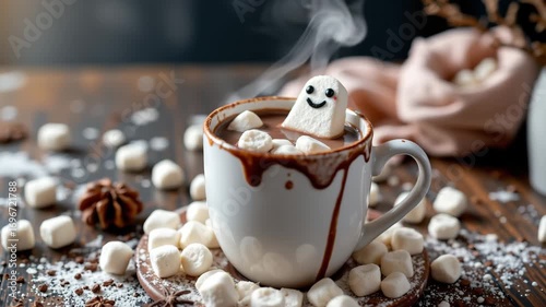 Warm Cocoa Embrace: A steaming mug of cocoa, adorned with delightful marshmallow ghosts, offers comfort and joy, beautifully captured on a rustic, textured backdrop.