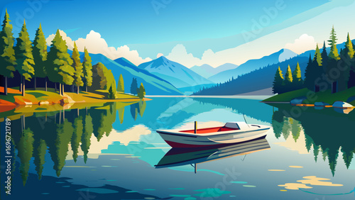 A stunning panorama of a placid lake reflecting the majestic, snow-capped mountains and a pristine blue sky