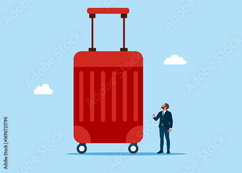 Travel suitcase with wheel and businessman. Traveler, vacations, adventures, tourism and tourist. Flat vector illustration