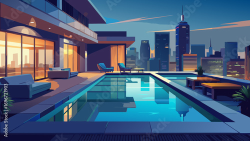 A stunning modern city skyline lights up the urban landscape with towering skyscrapers and bustling traffic on the streets below