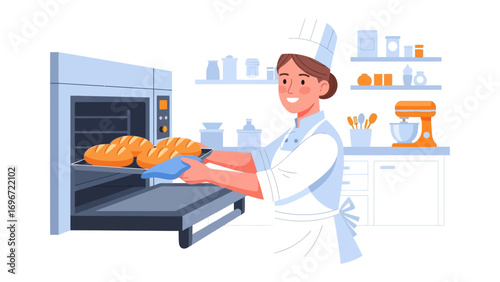 The Baker's Craft: A skilled baker tends to golden loaves fresh from the oven in a warm and inviting kitchen scene, showcasing the art of bread making.