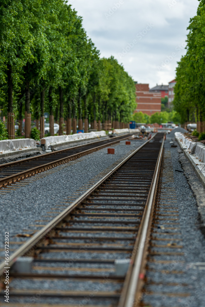 Obraz premium Perspective view of empty railway under trees.