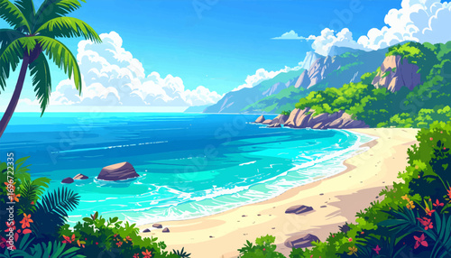 Peaceful beach with gentle waves crashing. Tranquil beach view with sailing boats. Relaxing coastline with turquoise sea. Quiet tropical paradise. Scenic coastline with distant rocky hills