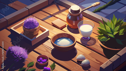 A peaceful spa still life with candles and a towel on a wooden table