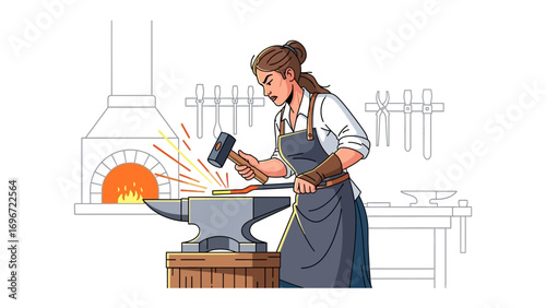 Artisan in Action: A skilled artisan, confidently shaping metal on an anvil with a hammer, amidst the backdrop of a hot furnace and specialized tools, depicting craftsmanship.