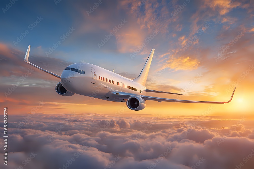 Obraz premium Sunset Flight: Modern Passenger Plane Above the Clouds