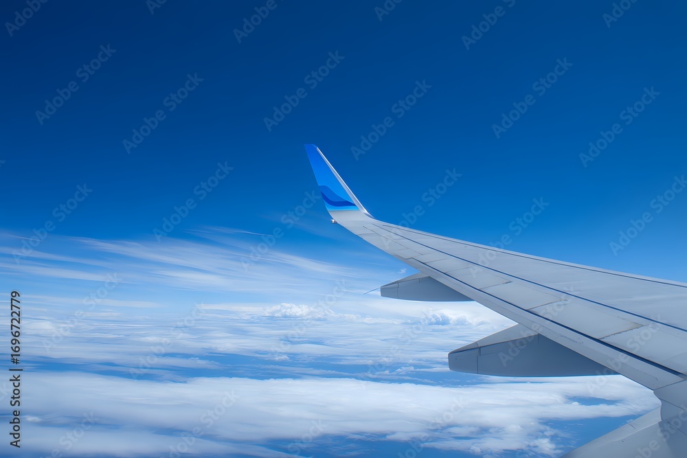 Fototapeta premium Wing Detail: Passenger Plane Against Blue Sky