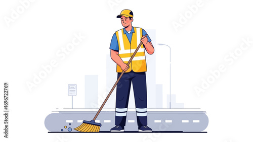 Cleaning the Urban Canvas: A dedicated street cleaner, equipped with a broom and a commitment to service, meticulously sweeps the city's pathways in a detailed vector illustration.
