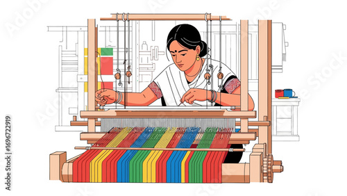 Weaver at Work: A skilled weaver, immersed in the craft of textile production, meticulously operates a traditional loom, a symbol of artistry and dedication.