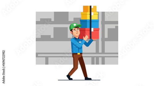 Courier's Burden: The delivery person, meticulously balancing a precarious tower of stacked boxes, navigates the cityscape, highlighting the dedication in bringing goods.
