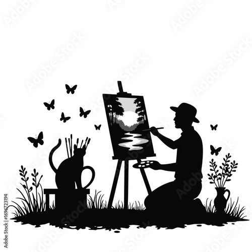 Artist painting a landscape with cat and butterflies on a stool Keywords: silhouette, artist