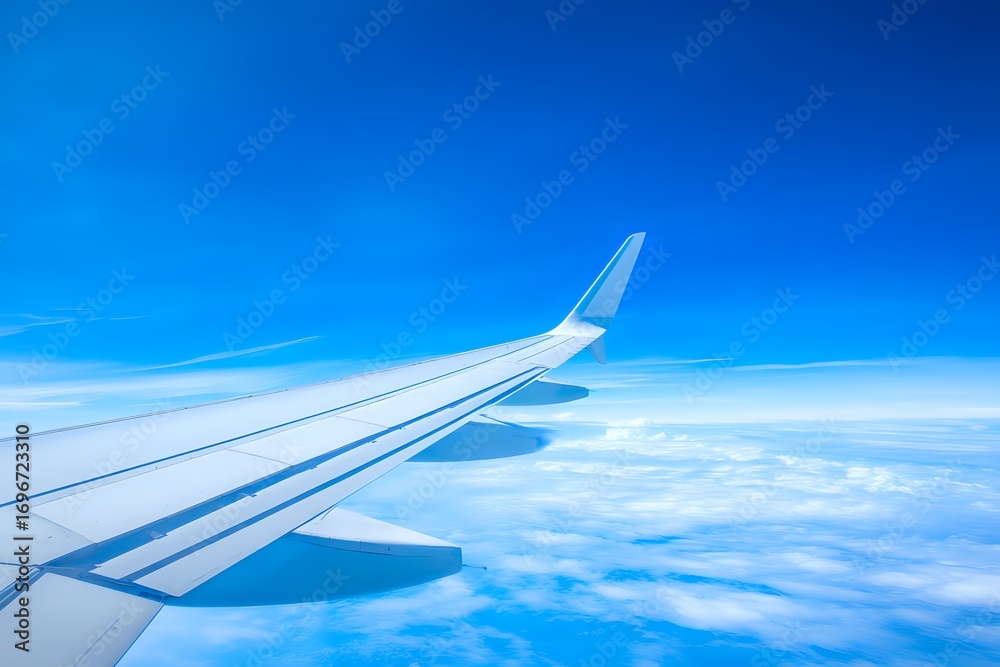 Obraz premium Wing Detail: Passenger Plane Against Blue Sky