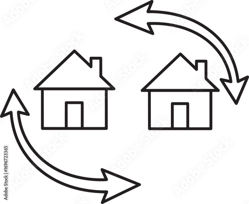Two houses with arrows depicting exchange or relocation and housing market concept idea