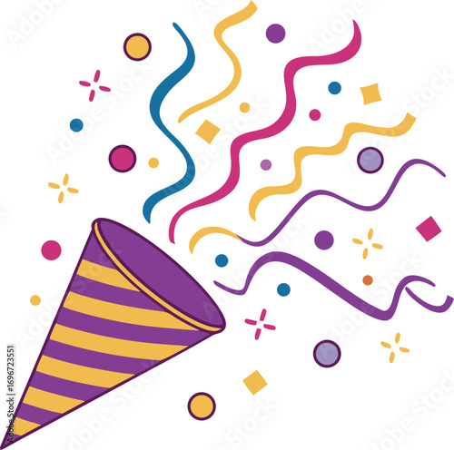 Colorful Party Popper Graphic Celebration Icon with Confetti and Ribbons