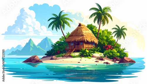 Beach hut on an isolated tropical island. Peaceful island retreat in the tropics. Tropical hideaway with a charming hut. Island paradise with beach and hut. Serene tropical beach with cottage hut
