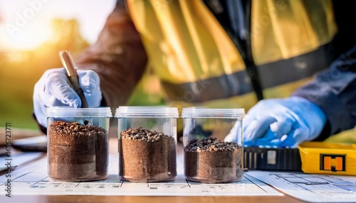 close up of soil samples in containers on geotechnical engineer workspace