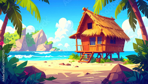 Peaceful beach retreat with calm waters. Summer vibes, tropical hut by the ocean. Coastal scenery with hut and surfboard. Sunny beach cottage by the clear water. Tranquil coastal hut with sun and sea