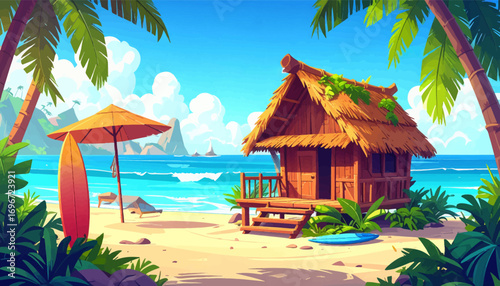 Calm tropical shore with wooden hut. Coastal paradise with hut and beach chair. Beach house with surfboards and sea. Tropical holiday scene with sea and hut. Dream beach house by blue water