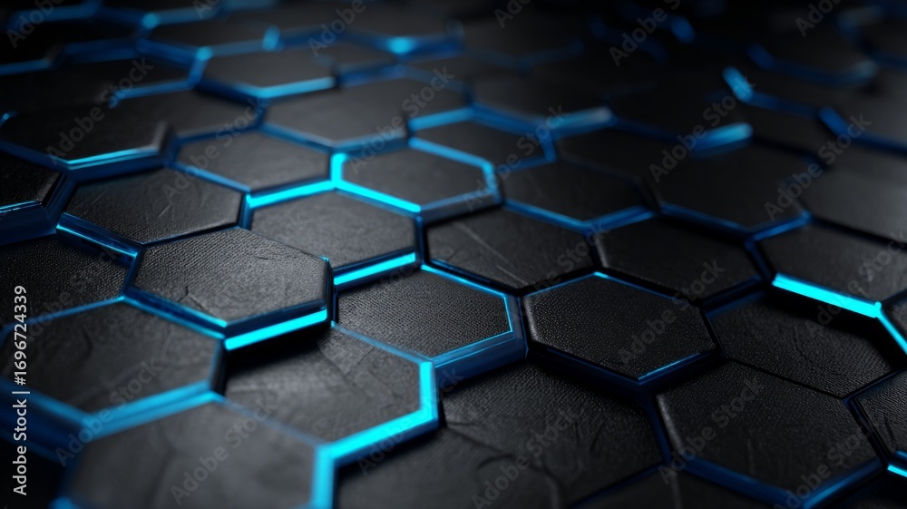Fototapeta premium Metallic hexagonal pattern with blue glow. Artificial intelligence image