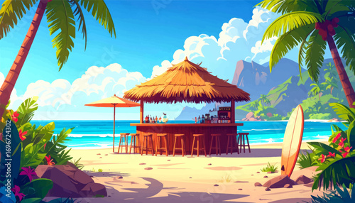 Relaxing tropical beach bar scene. Bar and surfboard by the sea. Peaceful beach bar on a sunny day. Tropical beach bar by the ocean. Island beach bar with calm waves