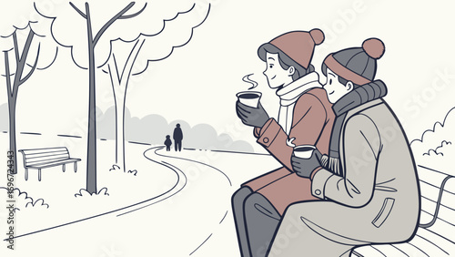 Couple Sitting on Bench in Snowy Park Drinking Coffee – Vector Illustration of Winter Lifestyle and Nature lover 