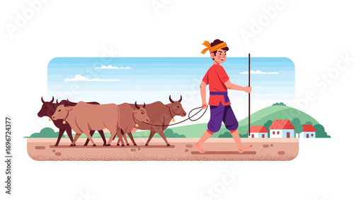 Young Herdsman Leads Cattle: A vibrant illustration captures a young herdsman leading a small herd of cattle along a dirt path, with houses and rolling hills in the background. 