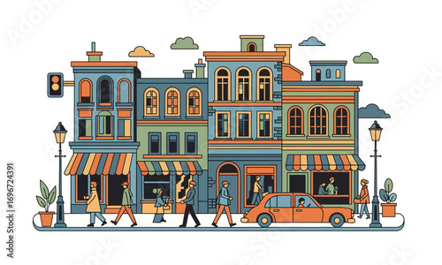 Vibrant cartoon city street illustration featuring detailed buildings, pedestrians, and a parked car.